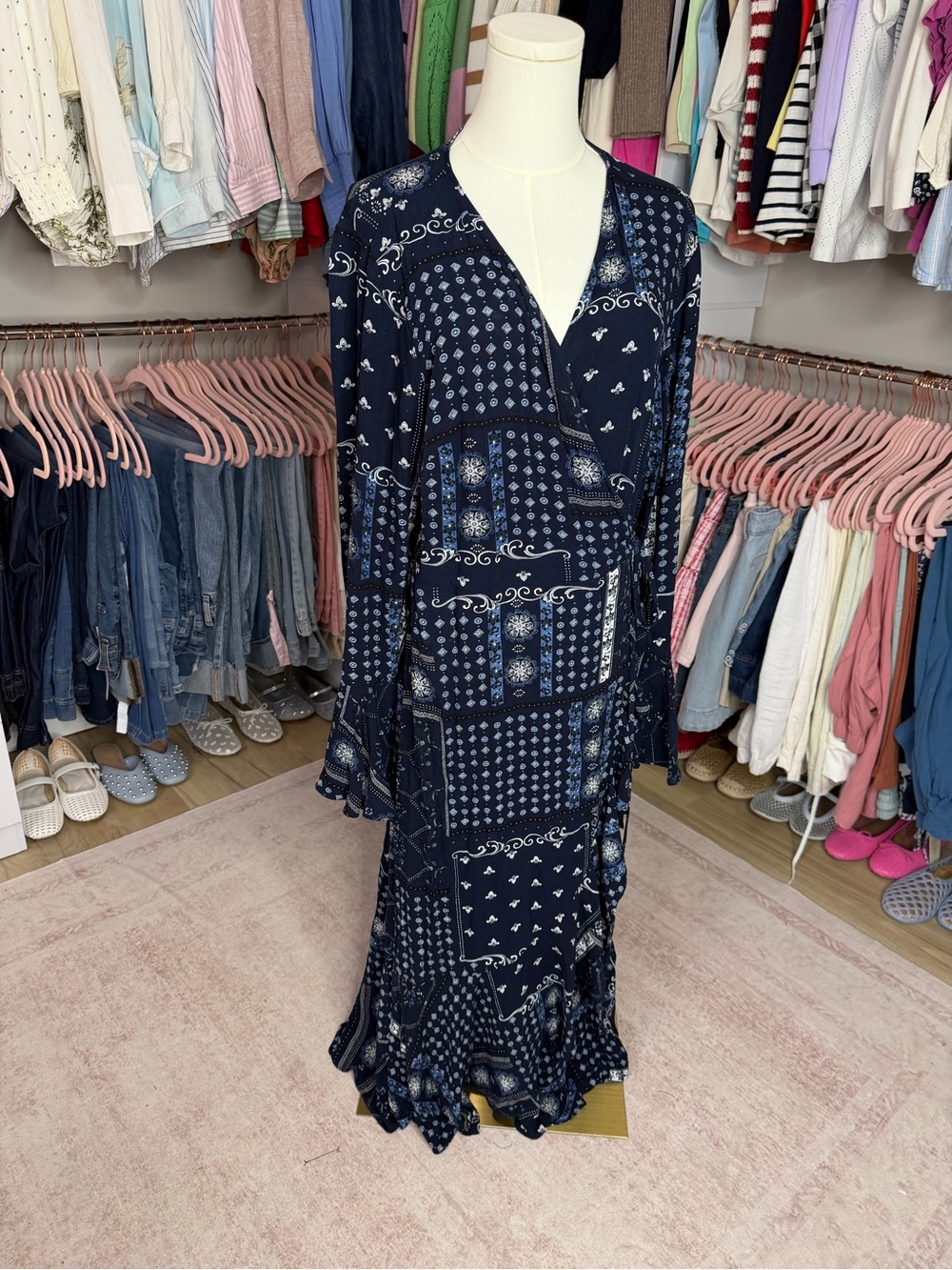 Scoop Navy Patchwork-Print Wrap Maxi Dress